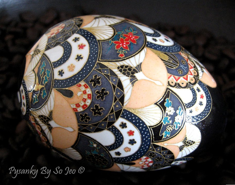 Cranes and Fans ChiyogamiUkrainian Style Easter Egg Pysanky by So Jeo